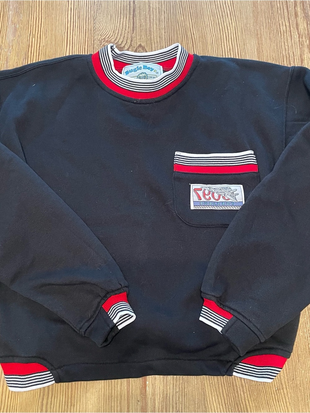 Vintage Bugle Boy Black Crewneck Sweater with Red and White Trim Fighter Jet